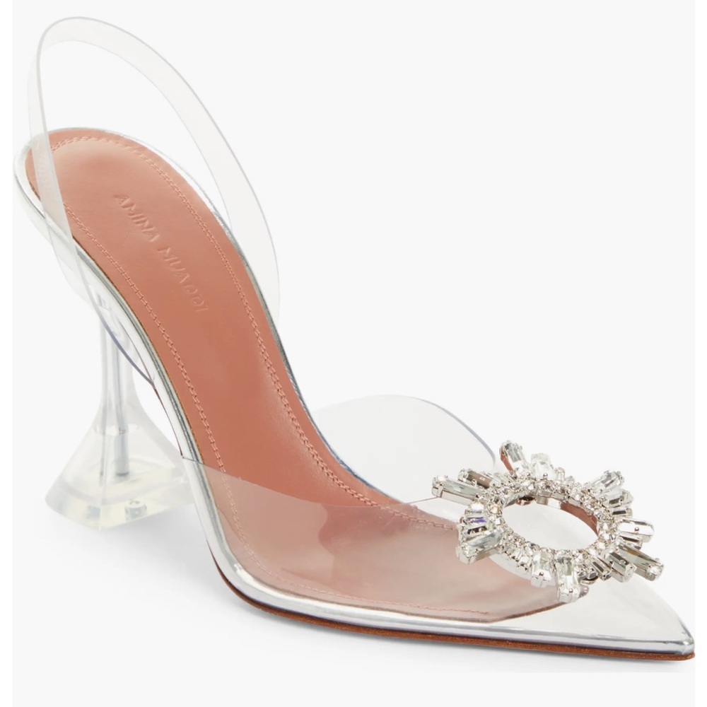 Amina Muaddi Transparent Begum Pointed Toe Slingback Pumps